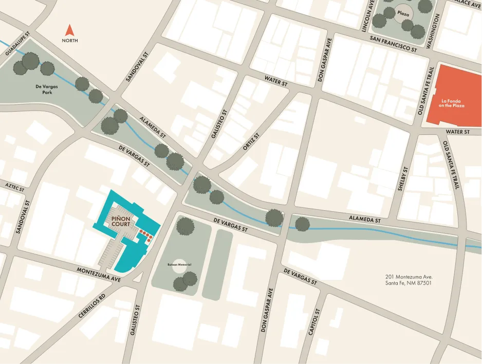 Stylized map highlighting the location of Piñon Court near De Vargas Park and La Fonda on the Plaza.